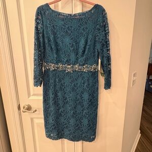 NWT Elegant Jackie Jon Dark Teal Lace Dress with glitter finish size 12